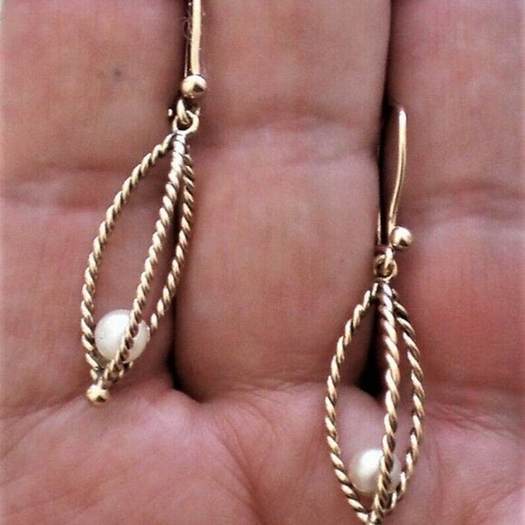 Vintage Solid 14K Yellow Gold White Cultured Pearl Dangle Drop Earrings P - Picture 5 of 5